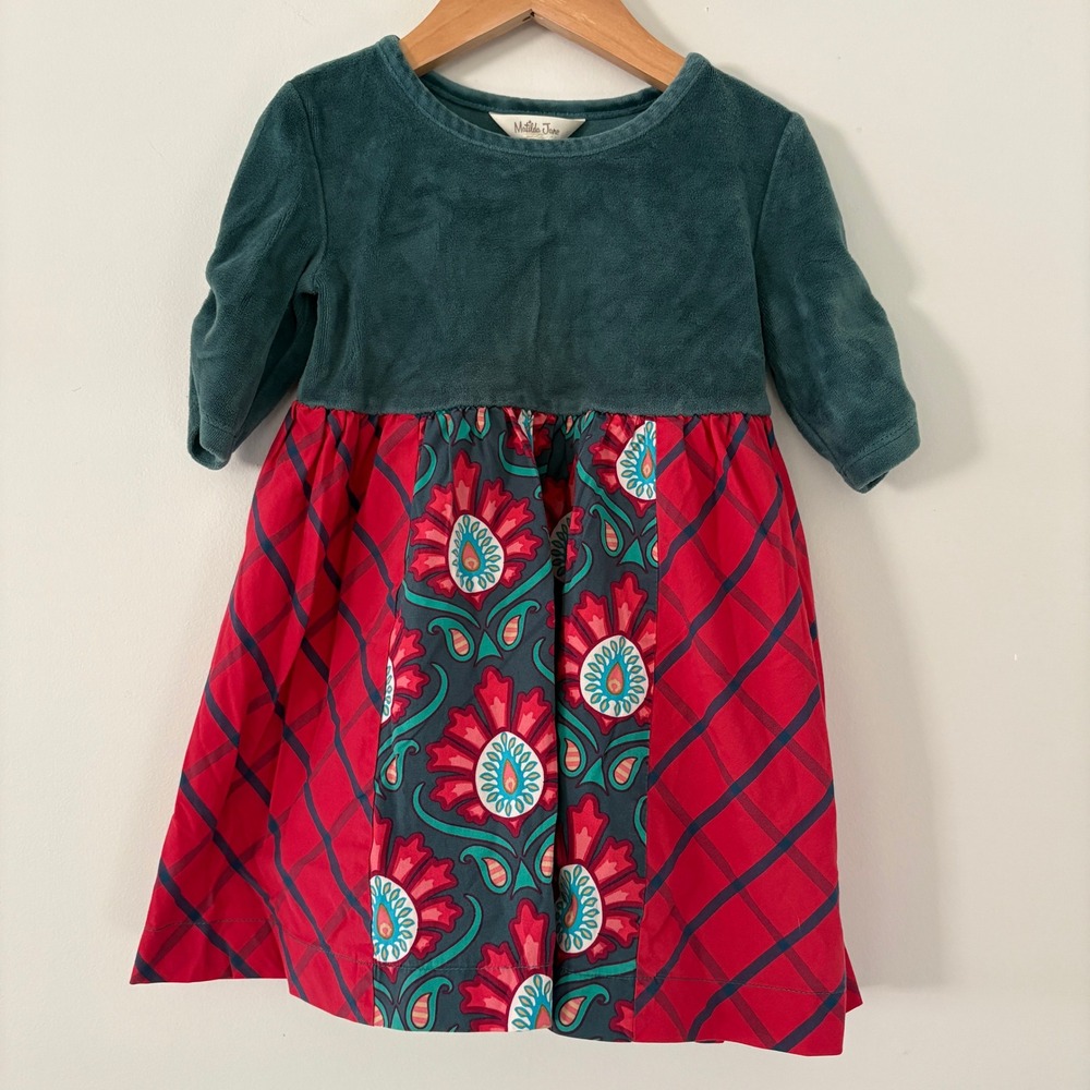 Matilda Jane Dress Girls Size 4 Plaid Floral Green Velvet Top‎